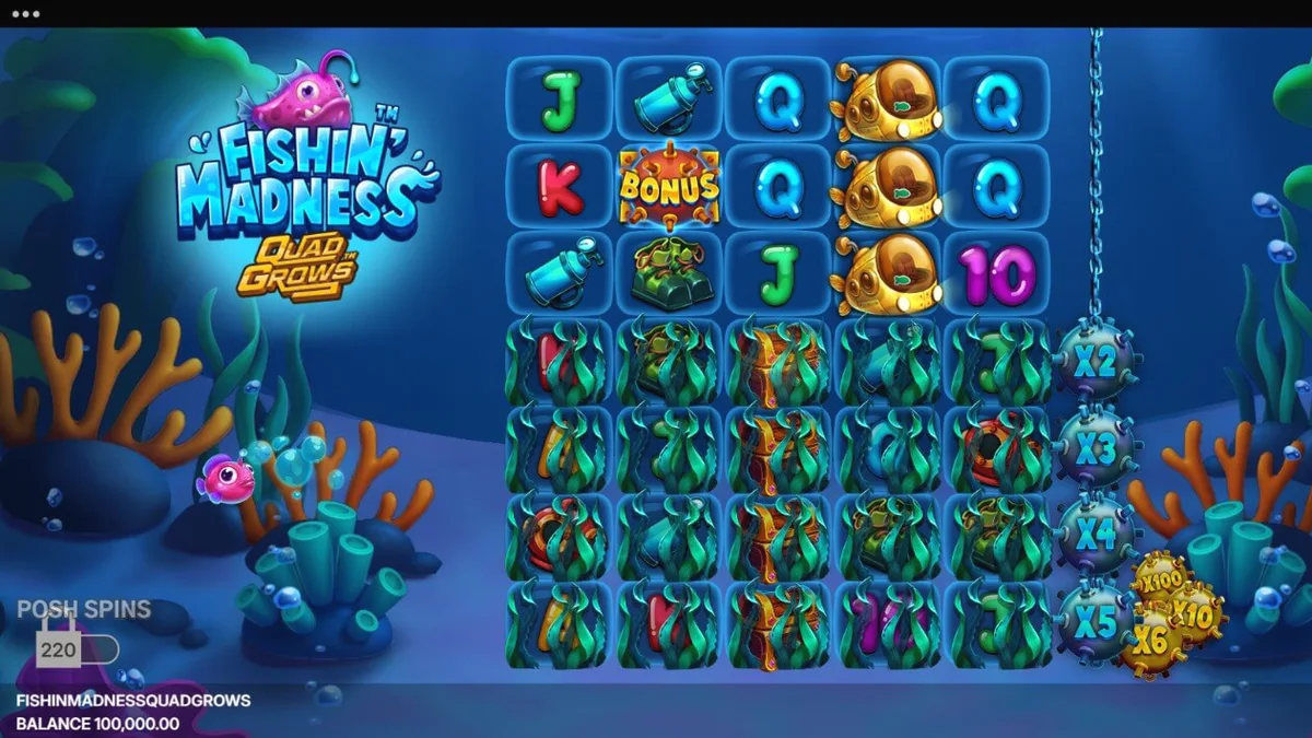 Tampilan visual slot Fishin’ Madness Quadgrows dengan latar belakang bawah laut yang penuh warna.